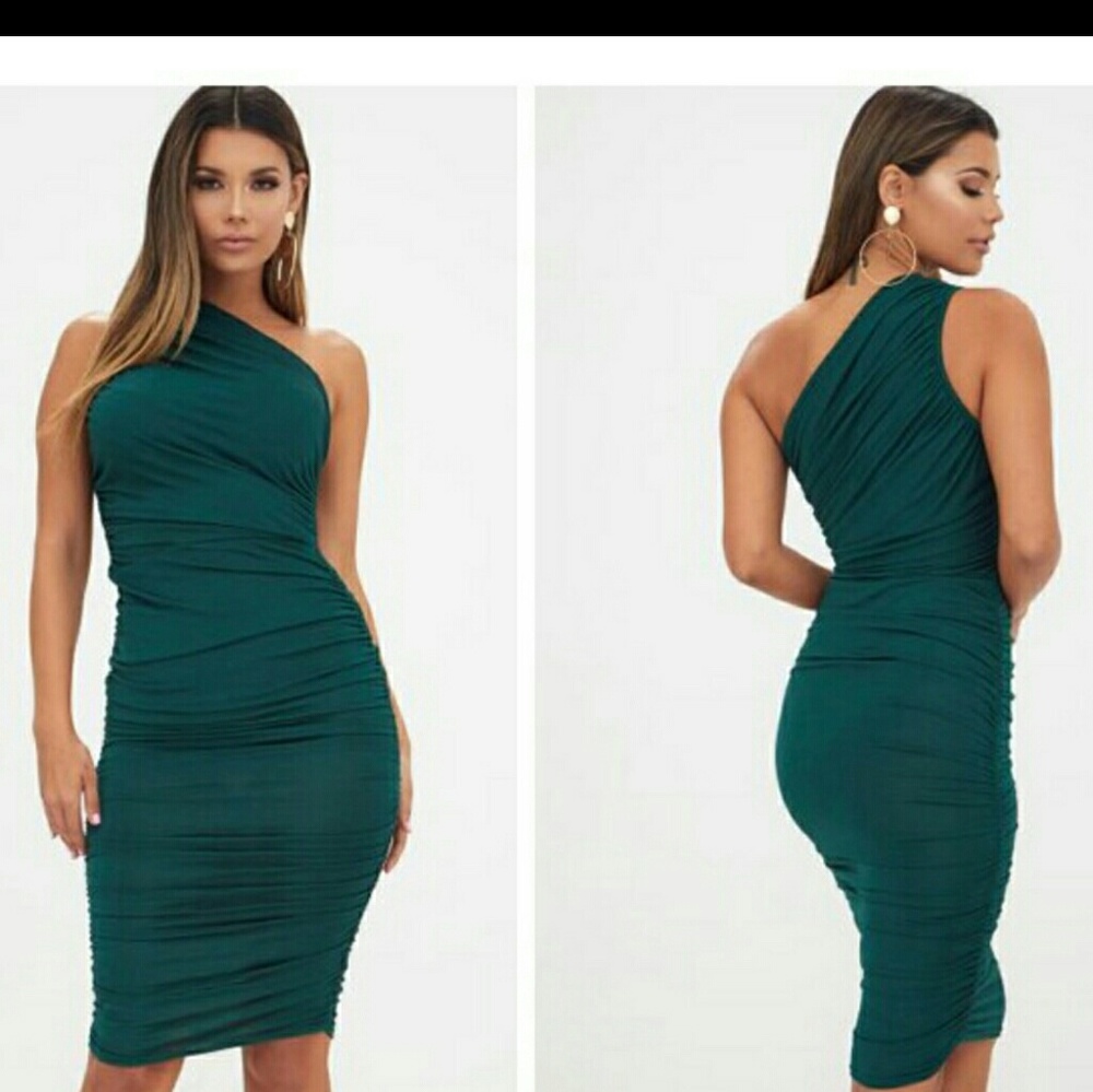 Emerald Green Slinky Ruched One Shoulder Dr